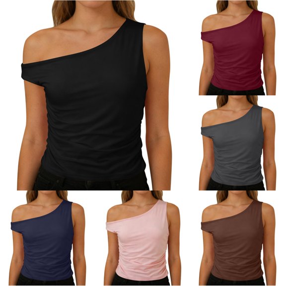 Rhuody Womens Tops Off The Shoulder Sleeveless Shirts Going Out Crop Tank Tops Slim Fitted Summer Soft Women Clothing Black