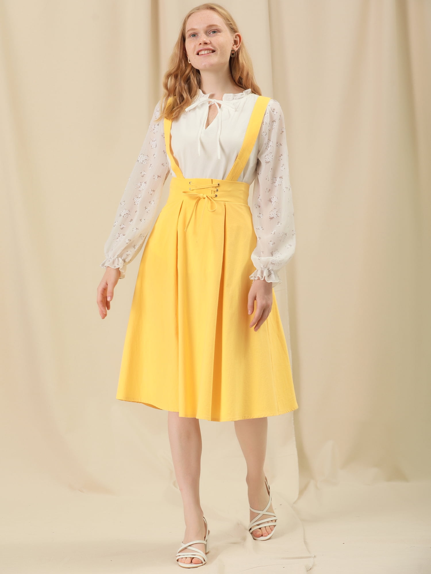 DARING DIVA Women's Cute High Waist Suspender Skirt Mini Dress L Yellow
