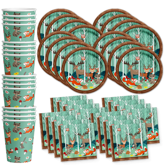 Woodland Animals Birthday Party Supplies Set Plates Napkins Cups Tableware Kit for 16