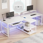 94.5 Computer Gaming Desk with Storage and LED Lights, Power Strip & Keyboard Tray & Monitor Stand, Extra Long Double Desk for 2 Person, White