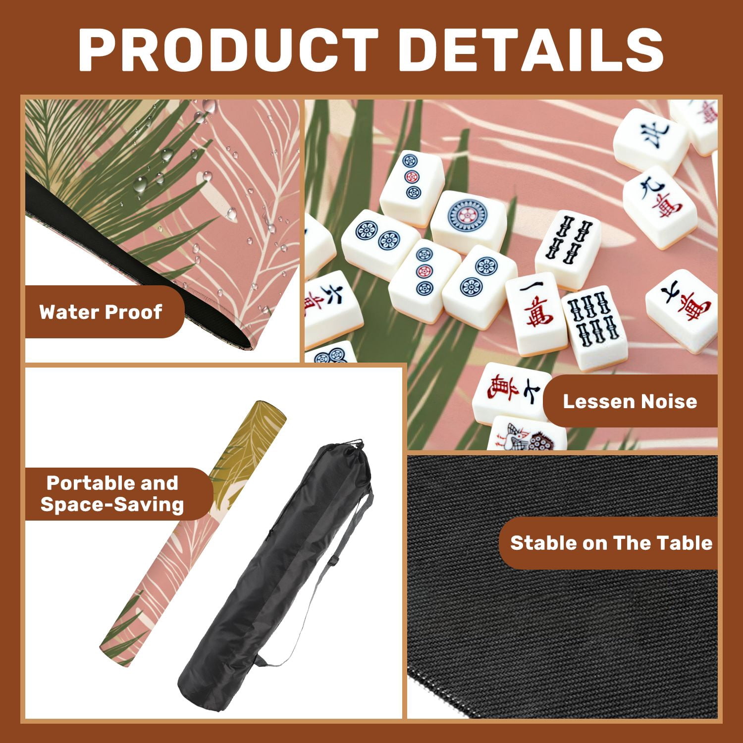 Mahjong Mat 31.5" x 31.5" Nature seamless Hand drawn abstract tropical summer Non-Slip Noise Reduction American Mahjong Tiles Table Cover for Dominoes Poker Card Board Games Gift