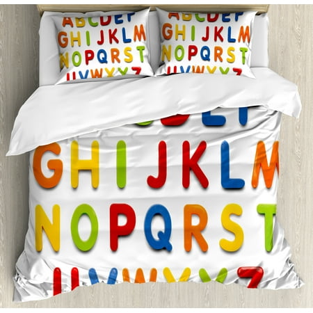 Letter Writing Set - Letters Queen Size Duvet Cover Set, Multicolored Collection of Alphabet Letters Education Image Capital Symbols Writing, Decorative 3 Piece Bedding Set with 2 Pillow Shams, Multicolor, by Ambesonne