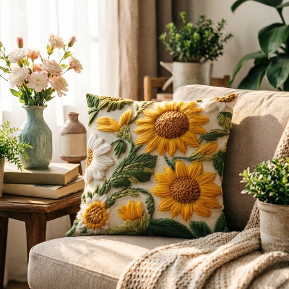 Vine Sunflower Daisy Embroidered Throw Pillow Cover, 17.5''X17.5'' Linen Floral Pillowcase, Decorative Cushion Cover With Invisible Zipper For Living Room