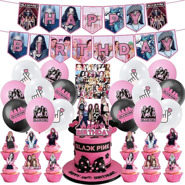 102 piezas de decoraciones de cumpleaños de color negro y rosa, suministros para fiestas de niñas de color negro y rosa, incluyen pancarta de cumpleaños, adorno para pastel, adornos para magdalen