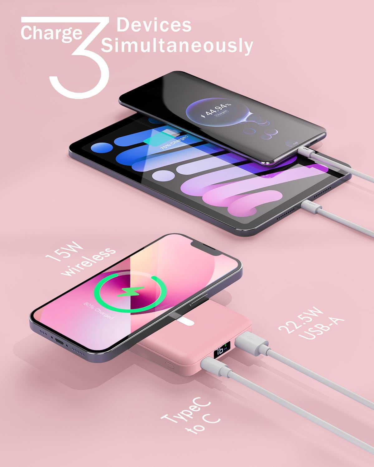 Podoru Wireless Portable Charger, 10000mAh Magnetic Power Bank LED Display 22.5W PD Fast Charging Battery Pack for iPhone 16/15/14/13/12/Mini/Pro/Pro Max-Pink
