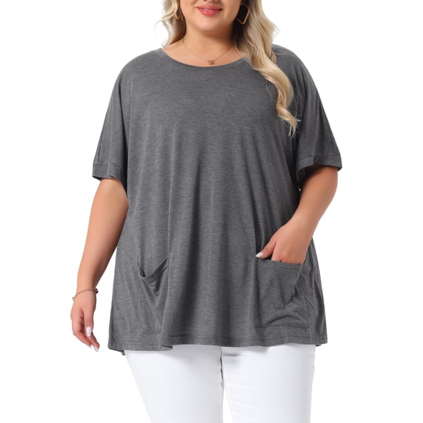 Blusa casual de talla grande para mujer Agnes Orinda, con cuello redondo, manga corta, color gris, con bolsillos, tamaño 1X