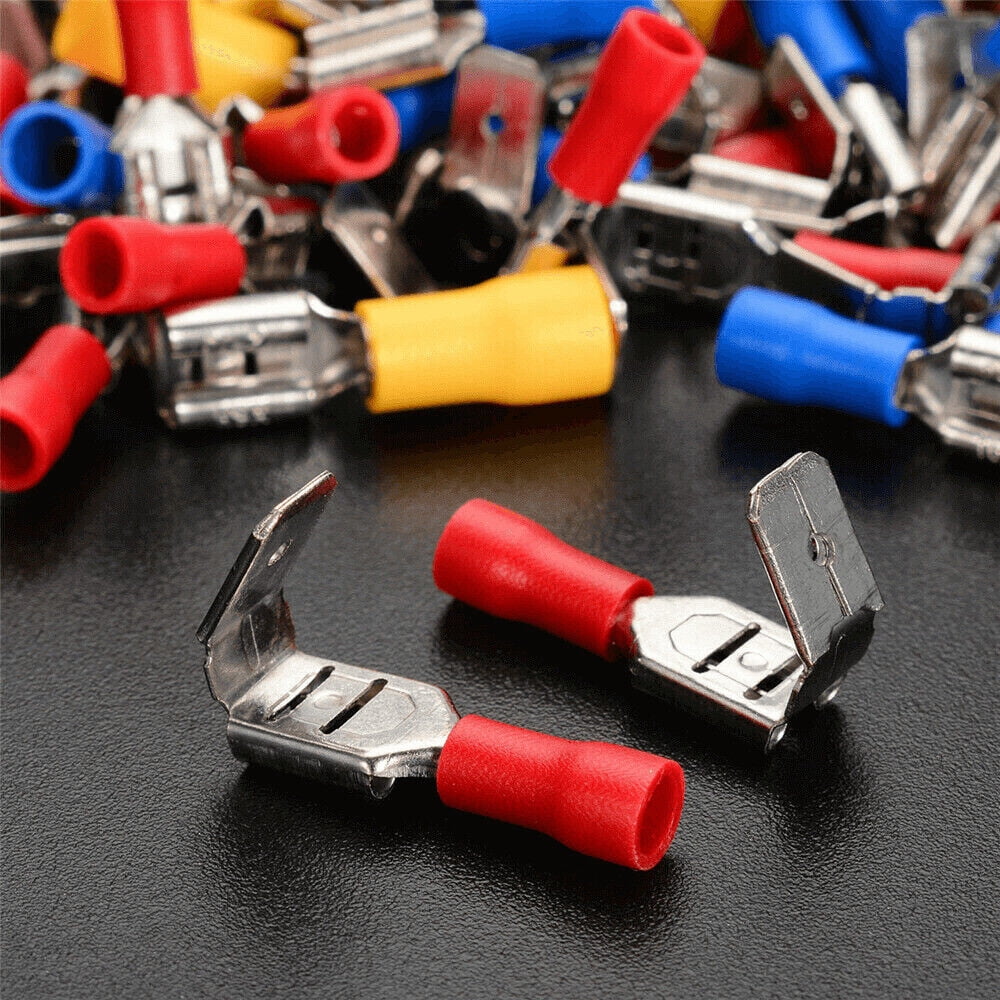 100Pcs 6.3mm Fully Insulated Crimp Spade Terminals Piggyback Wire Connectors Set