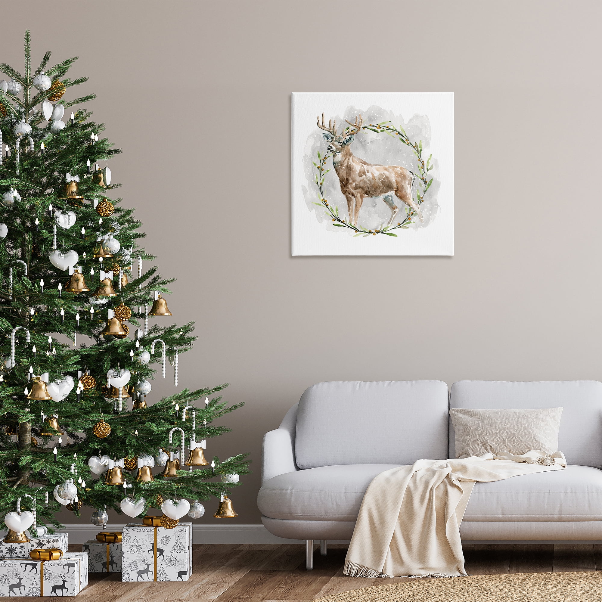 Stupell Industries Rustic Deer with Wreath Animals & Insects Painting Gallery Wrapped Canvas Art Prints Wall Art, 30 x 30