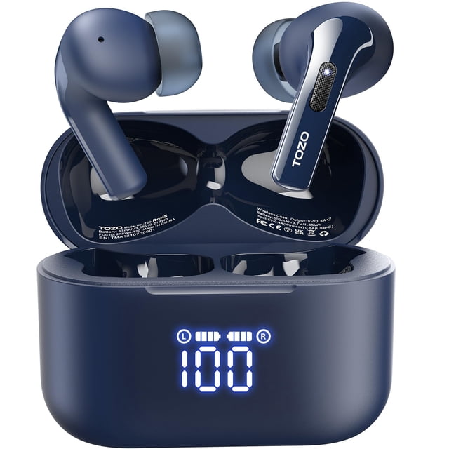 TOZO T20 Wireless Earbuds Bluetooth Headphones 48.5 Hrs Playtime with LED Digital Display, IPX8 Waterproof, Dual Mic Call Noise Cancelling 10mm Broad Range Speakers with Wireless Charging Case Blue