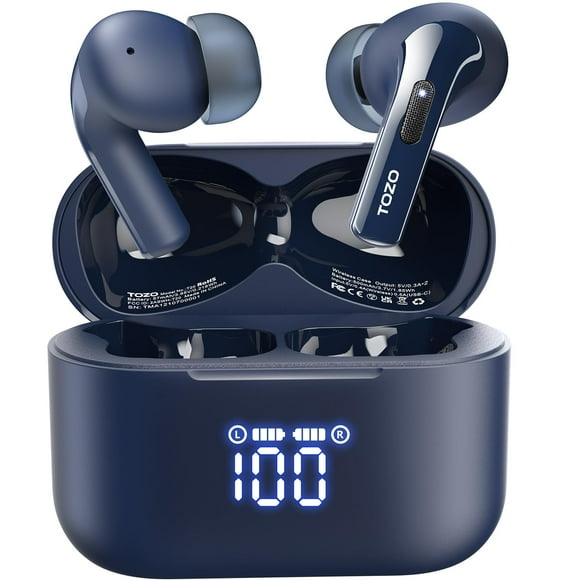 TOZO T20 Wireless Earbuds Bluetooth Headphones 48.5 Hrs Playtime with LED Digital Display, IPX8 Waterproof, Dual Mic Call Noise Cancelling 10mm Broad Range Speakers with Wireless Charging Case Blue