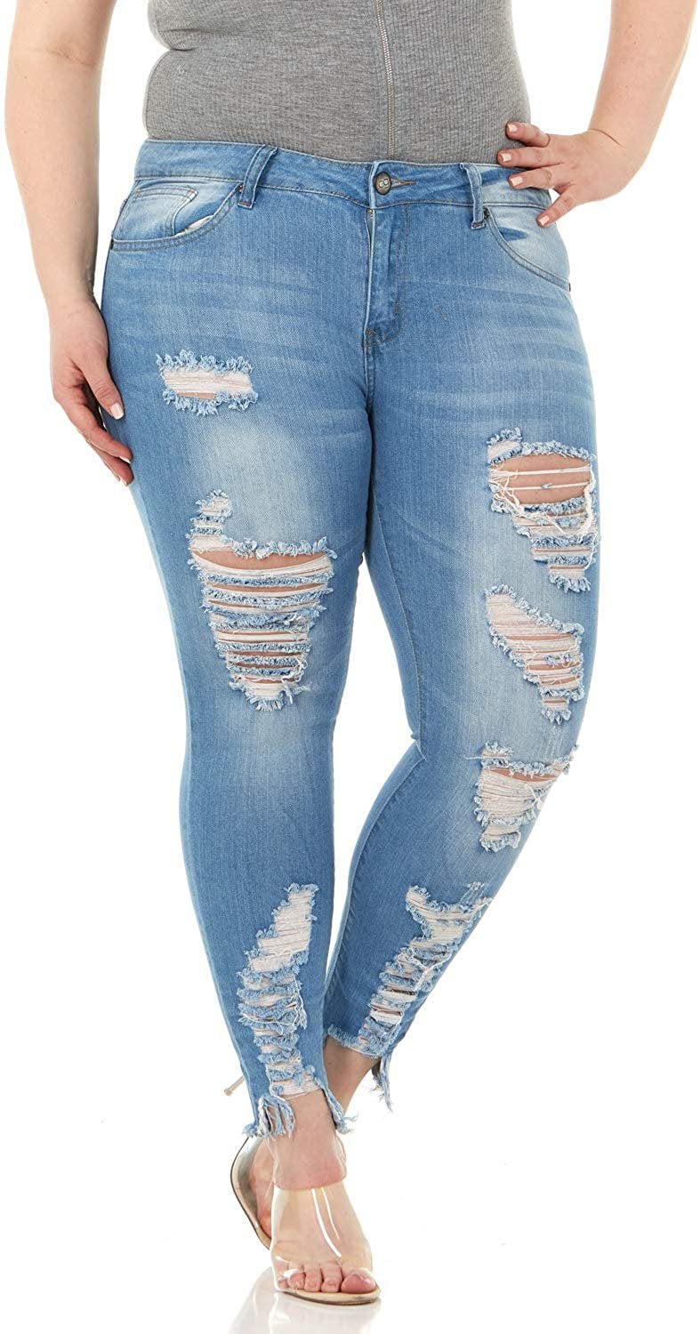 Jeans Size Plus Ripped Skinny Wash Blue Denim Distressed Stretch Womens ...