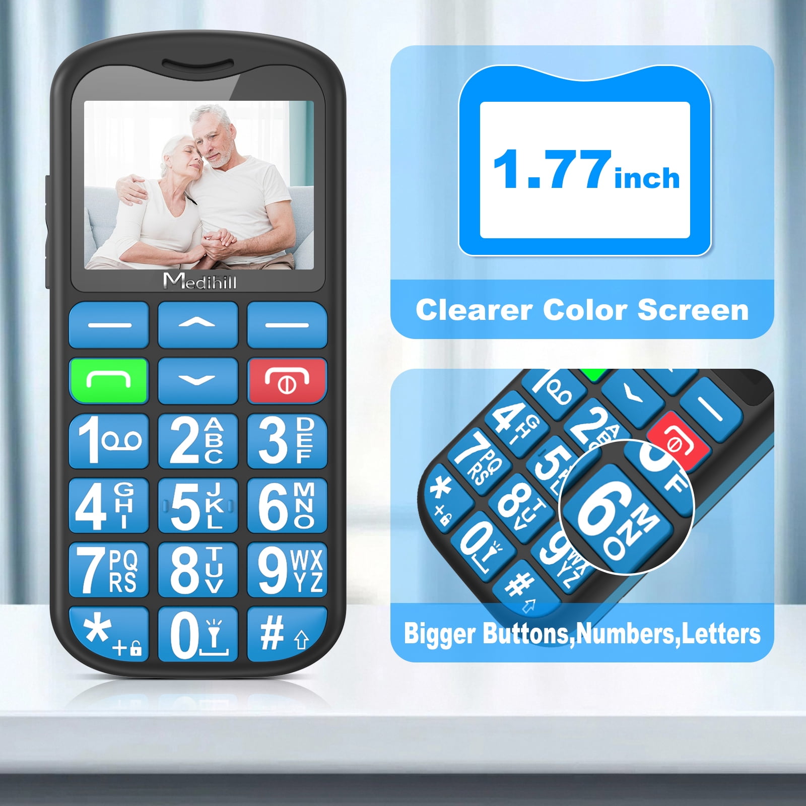 Big Button Mobile Cell Phone SOS for Elderly Senior with Base (Blue) - Medihill