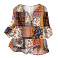 thumbnail image 5 of Women's Patchwork Floral Print 3/4 Sleeve Henley Top - V-Neck Button Tunic Blouse, Loose Fit Boho Casual Summer Shirt for Vacation, Beach, Daily Wear Multicolor S, 5 of 6