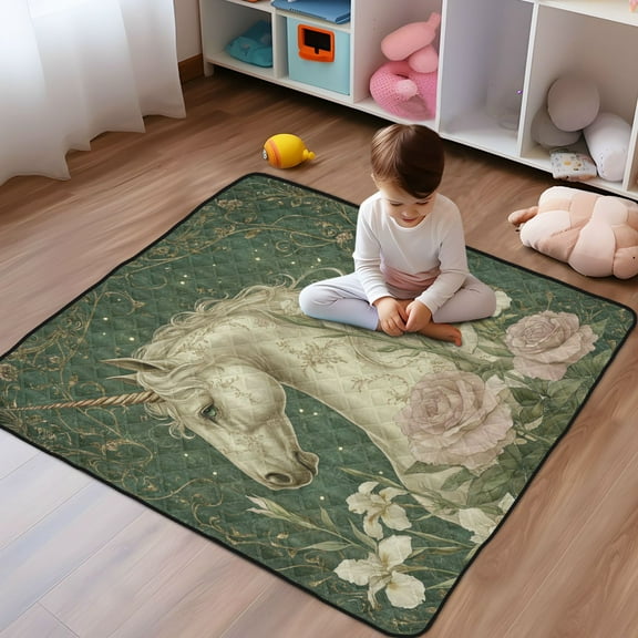 WOBOGO Retro Unicorn Baby Playmats Extra Large Waterproof Rollable Activity Pads for Toddlers 50×50inch