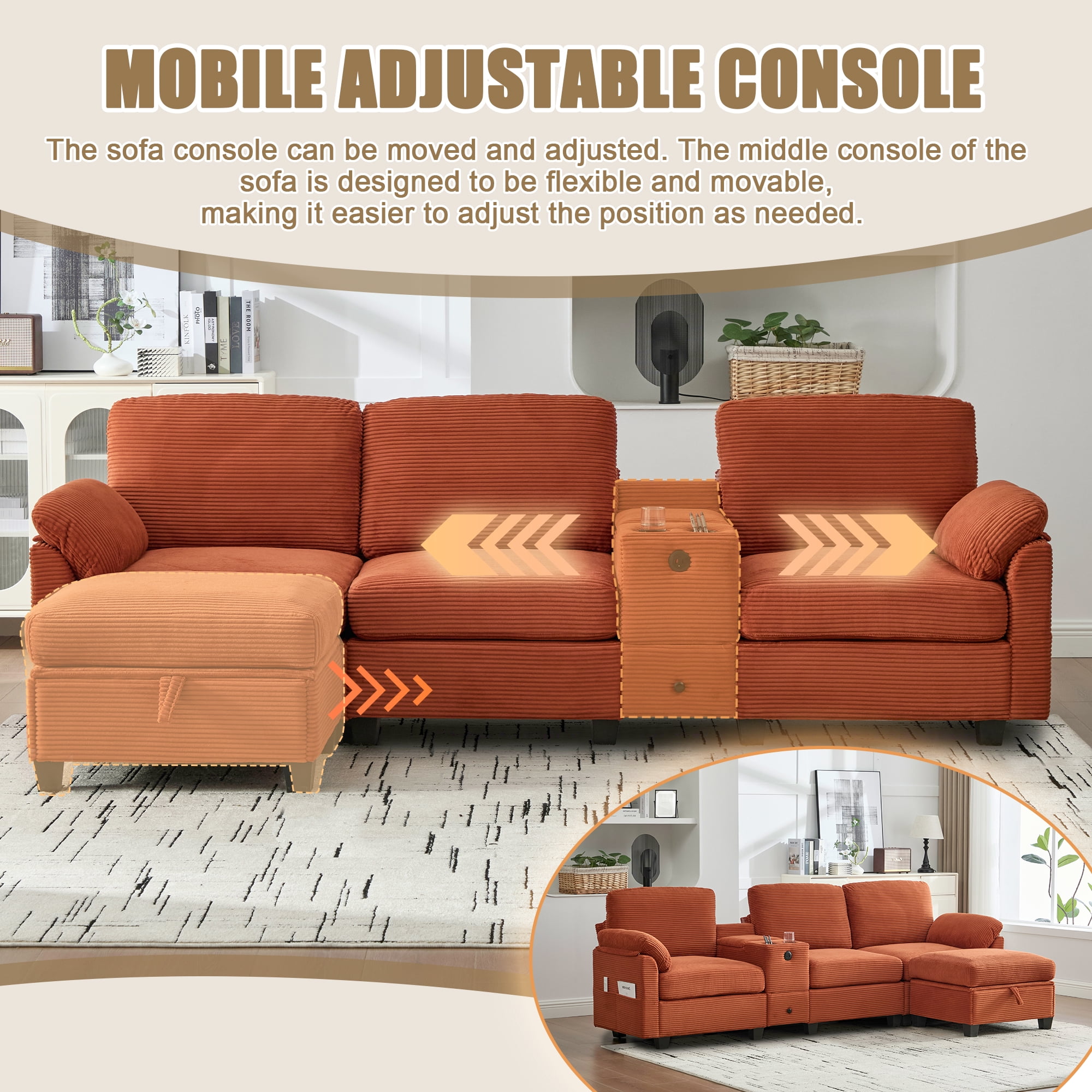 MOONMISS 105" L-Shaped Corduroy Modular Sectional Sofa with 1 Ottoman and Multi Functional Console, 3-Seater Upholstered Couch with USB and 2 Cup Holder, Easy Assembly, for Living Room,Orange