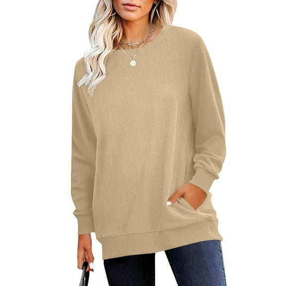 Crewneck Fall Sweatshirts for Women Trendy Plain Long Sleeve Shirts Pullover Tops with Pockets