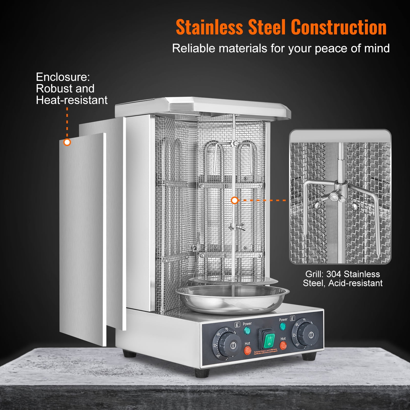 SKYSHALO Electric Vertical Chicken Grill Machine Countertop BBQ Rotisserie Stainless Steel Body with 2 Burners for Restaurant Dinner Home Kitchen