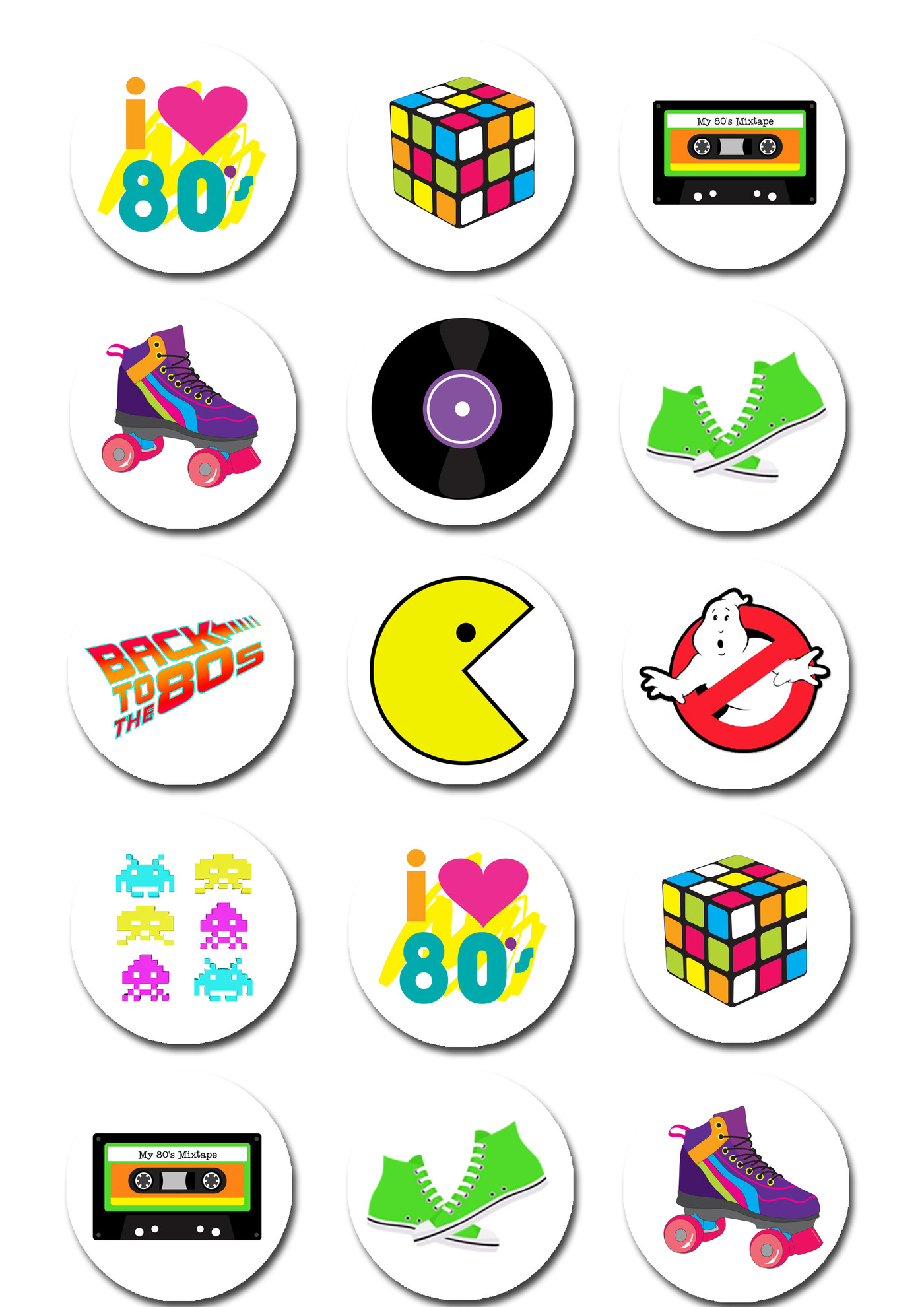 Retro 80'S Images Edible Cupcake toppers UNCUT