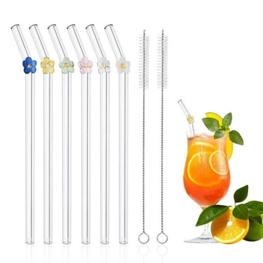 6-Pack Colorful Flower Glass Straws Reusable Shatterproof Dishwasher Safe with 2 Brushes for Smoothies Juices Cocktails Tea Eco-Friendly