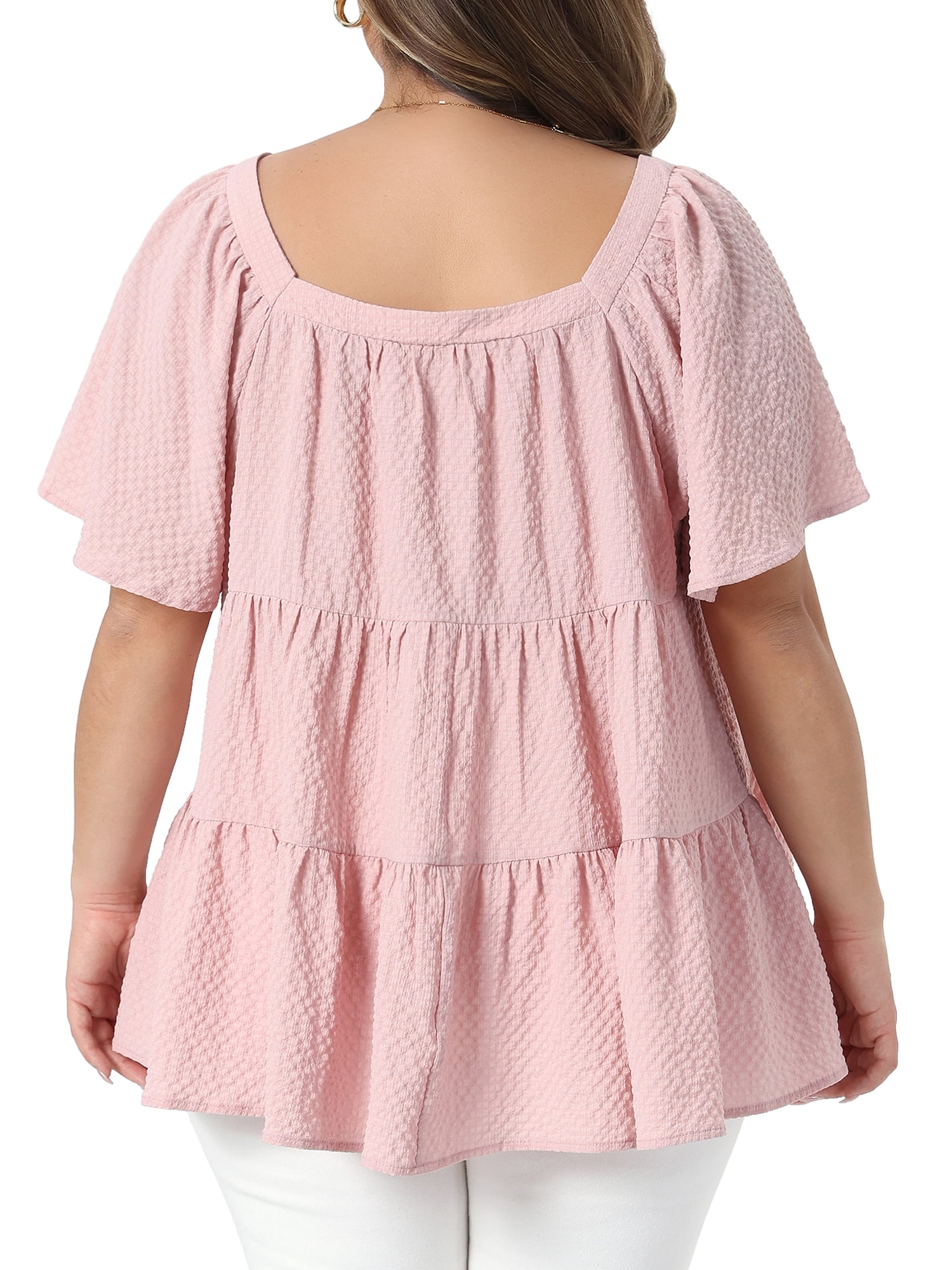 DARING DIVA Women's Plus Summer Square Neck Short Sleeve Tops 3X Pink