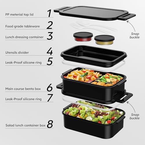 Adult Bento Box Lunch Box - Large Style Stackable Bento Lunch Box for Adults, 72oz All-in-One 3 Layers Bento Boxes Leak-Proof Lunchbox with Utensil Sauce Containers for Dining Out,Work, Black