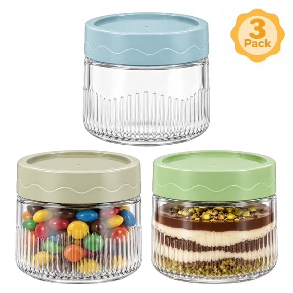 3‑Pack Glass Food Containers, 8.45 Oz Glass Storage Canisters with Sealing Lids, Anti‑Slip Base Glass Jars for Countertop Fridge Pantry Kitchen Organization