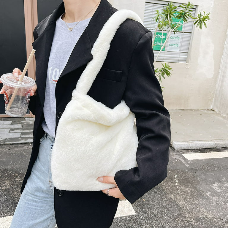 Shuwnd Plush Underarm Bag Y2K Furry Purse Fluffy Tote Bag Autumn Winter Handbags for Women (White), Women's, Size: 1 Pack