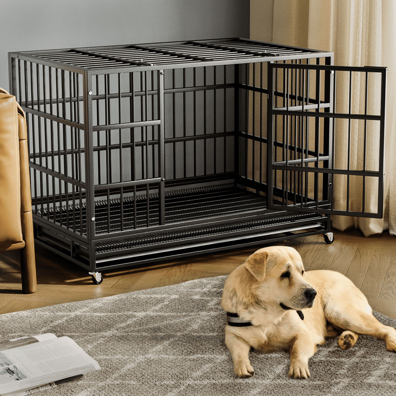 Waleaf 48 Inch Heavy Duty Dog Crate Cage with Wheels for Indoor, Large Dog Kennel with Removable Tray