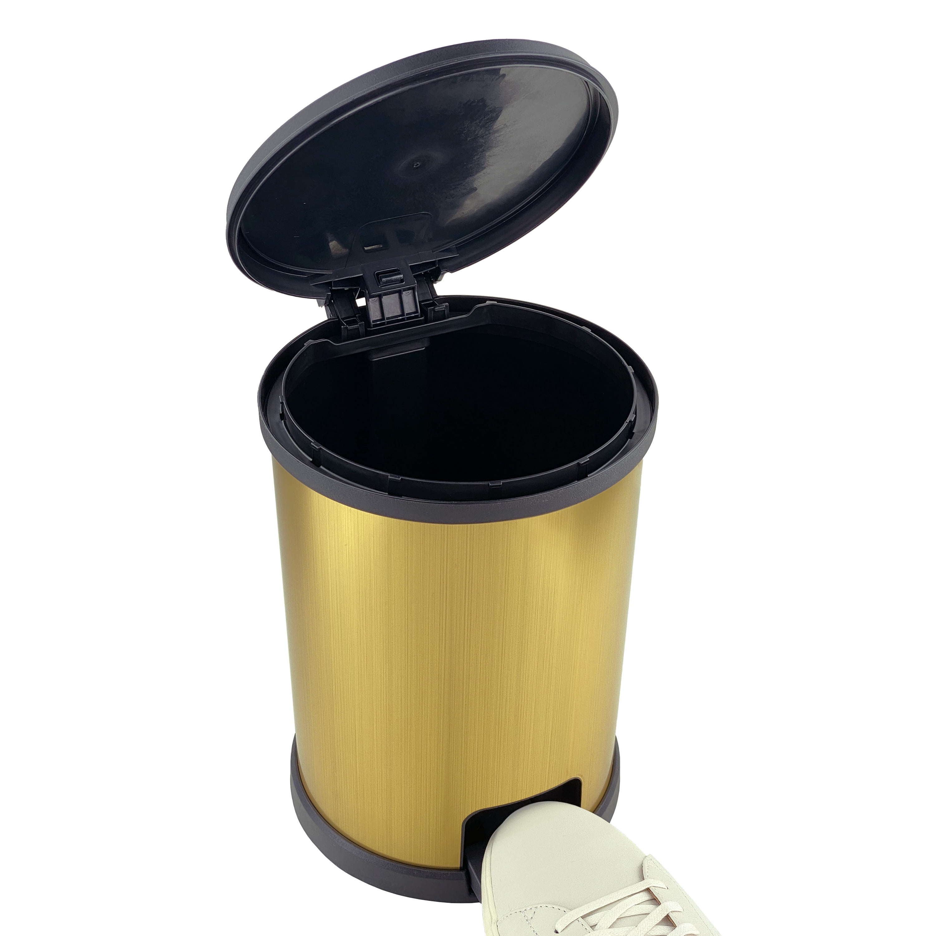 Mainstays 1.5 Gallon Trash Can. Plastic Round Step Bathroom Trash Can, Stainless Gold