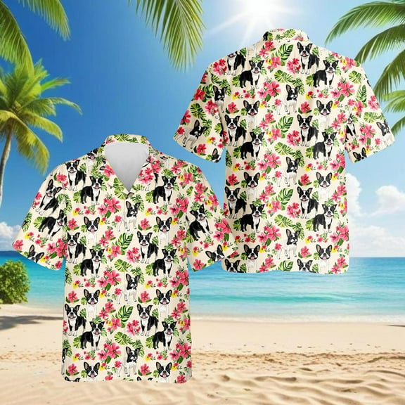 Boston Terrier Hawaiian Shirt for Men, Button Down Summer Beach Short Sleeve, S-5XL
