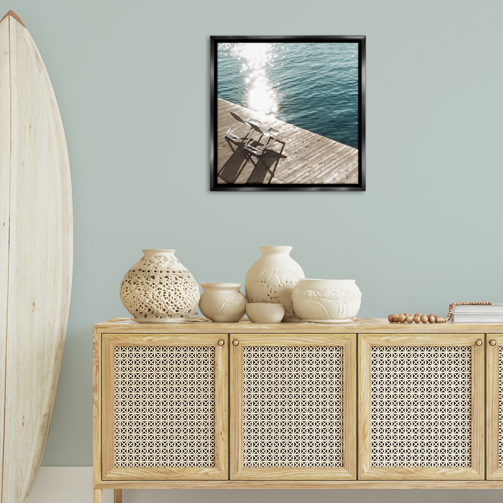 Stupell Industries Deck Chair Shadows Landscape Painting Black Floater Framed Canvas Art Print Wall Art, 25 x 25