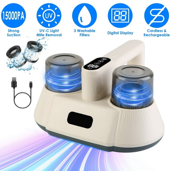 TeqHome Cordless Mattress Vacuum Cleaner with UV-C Light 9000-15000Pa 2 Suction Levels Double-Cup Bed Vacuum Cleaner with 3 Washable Filters for Bed Sofa Couch Crib Carpet