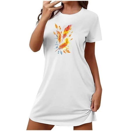 Mrat Womens Cotton Nightgown Women s Dress Sleepwear Short Sleeves Nightshirt Casual Print Sleepdress Loose Comfy Pajama Nightgown S-93 White XXL