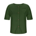 thumbnail image 4 of Wyobmus Womens Linen Button Down Shirt Half Sleeve Crew Neck T Shirt Lightweight Solid Cotton Collared Blouses With Pocket S-2X Olive Green, 4 of 6