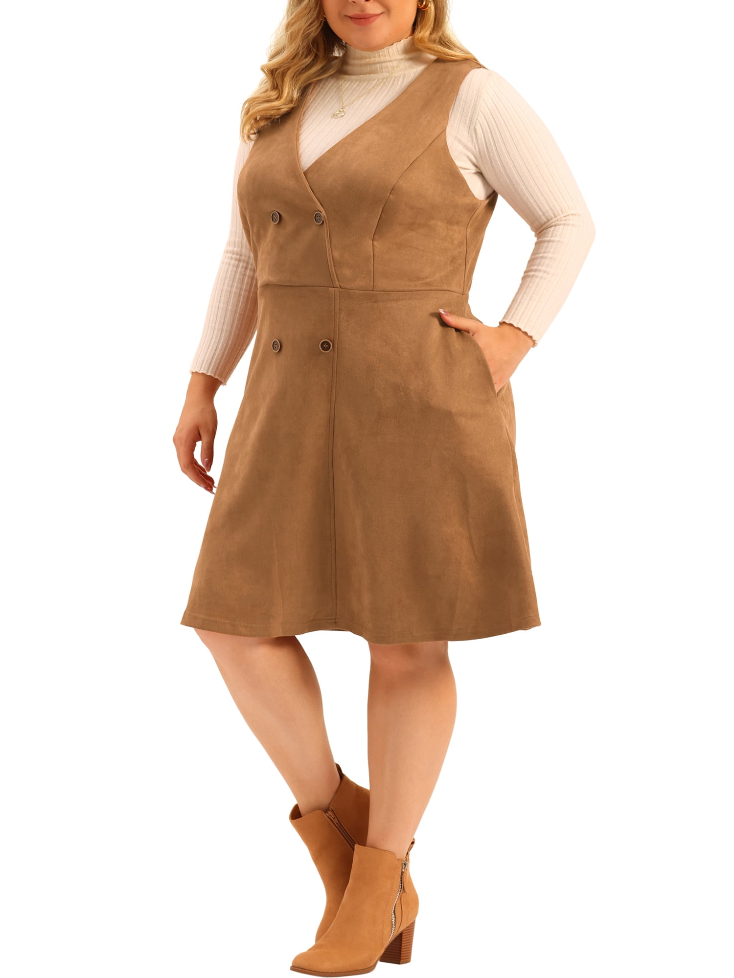 Unique Bargains Women's Plus Size Overall Button Casual Faux Suede Dress 1X Brown