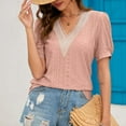 thumbnail image 4 of GYUJNB Women's Lace Basic V-Neck T-Shirts Puff Short Sleeve Loose Fitting Tunic Tank Tops,Pink, 4 of 6