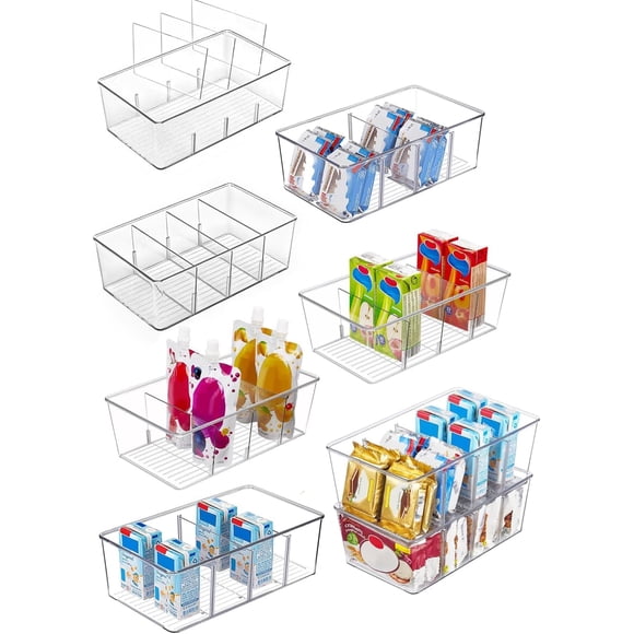 Ausein Juego de 8 Contenedores para Refrigerador con Divisores, Organizador de Nevera de Plástico Transparente, Fridge Organizer Apilables sin BPA para Bebidas, Huevos,Cocina,Congelador, En