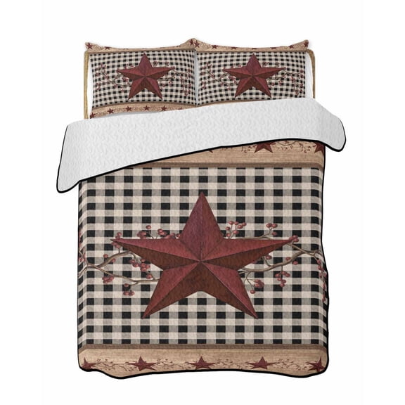 Quilts Queen Size Bedding Set, Red Texas Star Farmhouse Reversible Summer Quilt 3 Pieces, Black Plaid Berry Country Lightweight Bedspreads Coverlets with 2 Pillow Shams for All Seasons