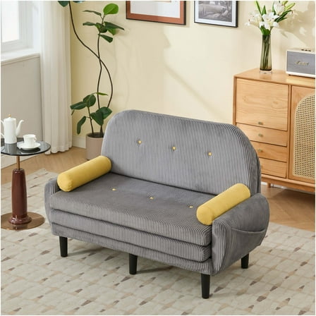 JERFIT Modern Convertible Sofa Bed with USB Charger, Recliner, Storage Pocket & Pillows, Gray Corduroy Loveseat for Living Room, Daybed