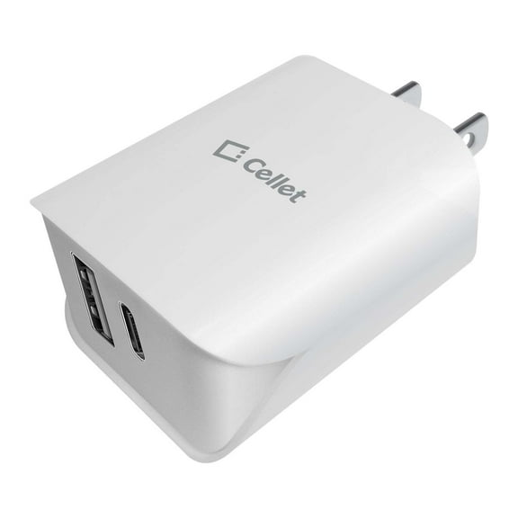 Cellet Power Brick Wall Charger - UL Certified 18W Fast Charging Dual USB Port (Type-C and USB-A) Home Travel Power Adapter - White