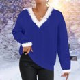 thumbnail image 2 of Womens Christmas Sweaters Holiday Outfit Long Sleeve V Neck Blouses Faux-fur Fluffy Trim Knit Pullover Red Tops (S, Blue), 2 of 6
