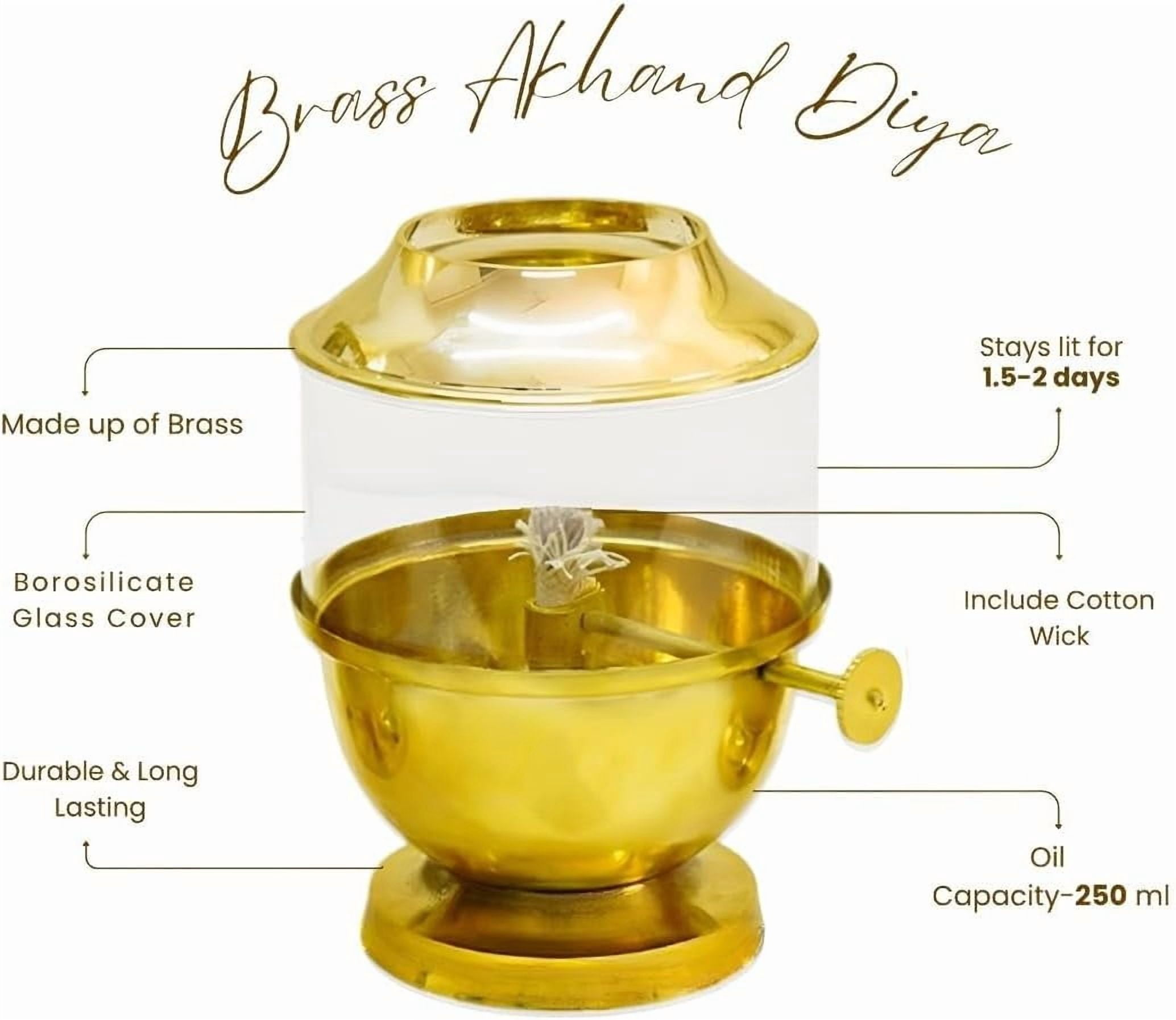 Brass Akhand Diya with Adjustable Wick – Handcrafted Traditional Oil Lamp for Aarti, Puja, Meditation, Temples and Home Décor (250 ml Oil Capacity -15 cm)