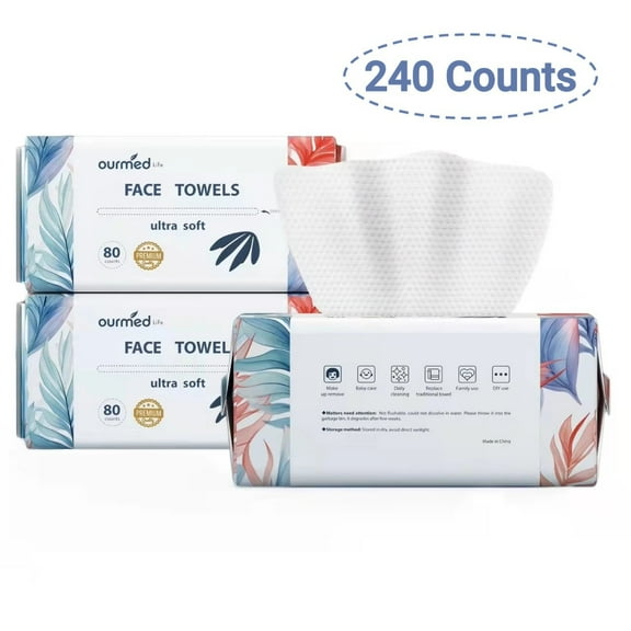 Ourmed Life Face Towels, Disposable Thick Makeup Remover Dry Wipes, 80 Count, 7.8" x 7.8"
