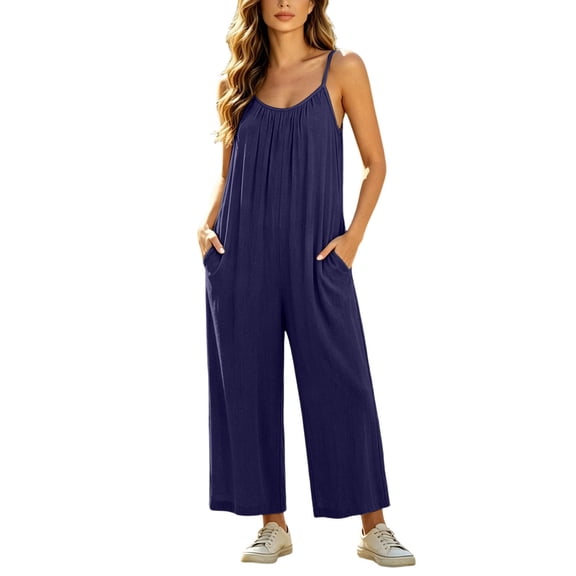Women's Loose Fit Casual Jumpsuit with Pockets Solid Color Sleeveless Wide Leg One Piece Blue L