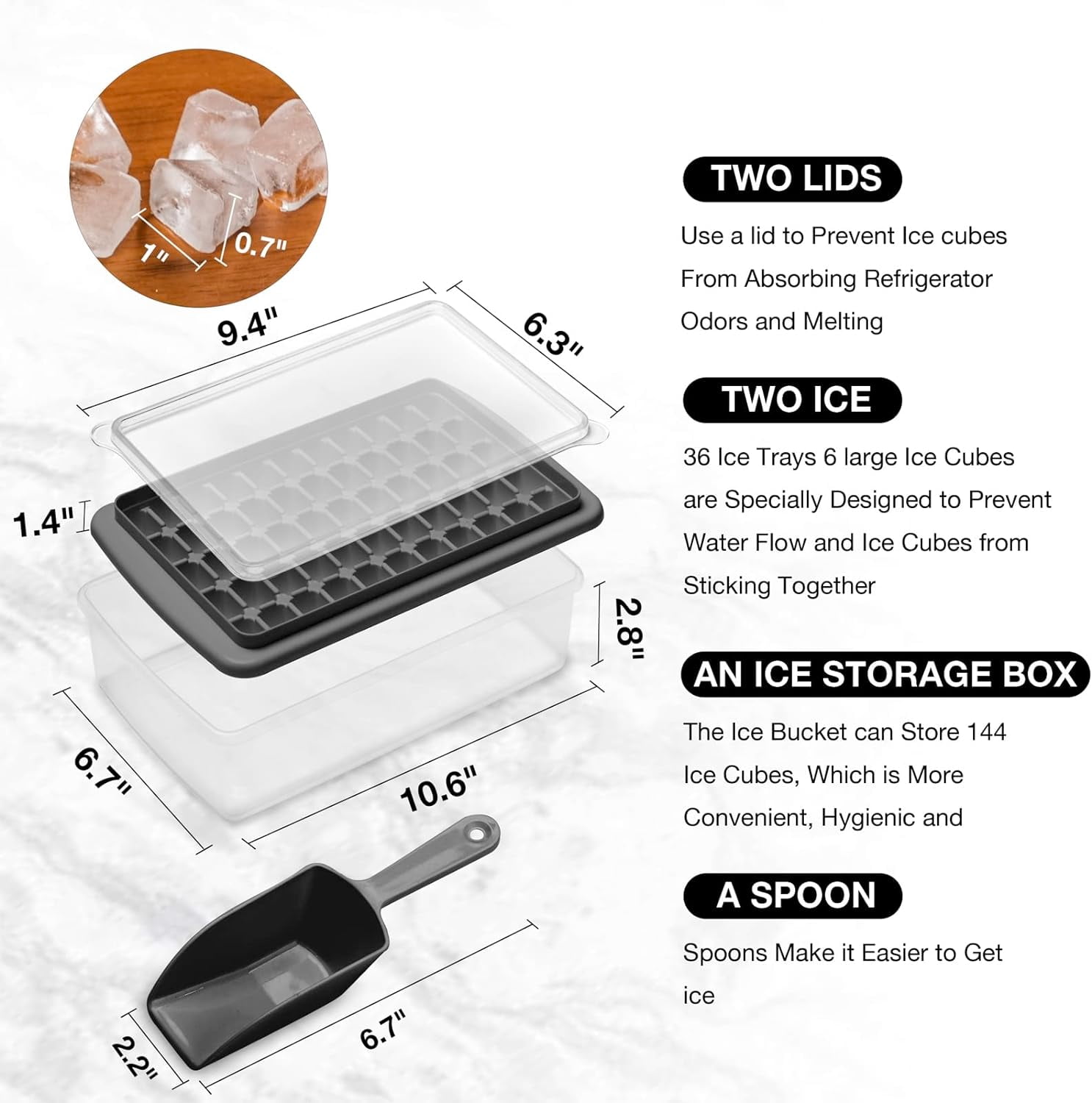 Ice Cube Tray with Lid and Bin 55 - Ice Cube Molds for Freezer BPA Free Ice Container Comes with Scoop and Cover (Black-55) Ice Cube Molds & Trays