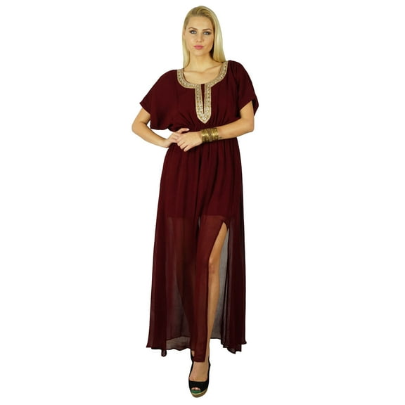 Bimba Women Long Maroon Dress Half Lined Kaftan & Beaded Neck Maxi With Side Slit