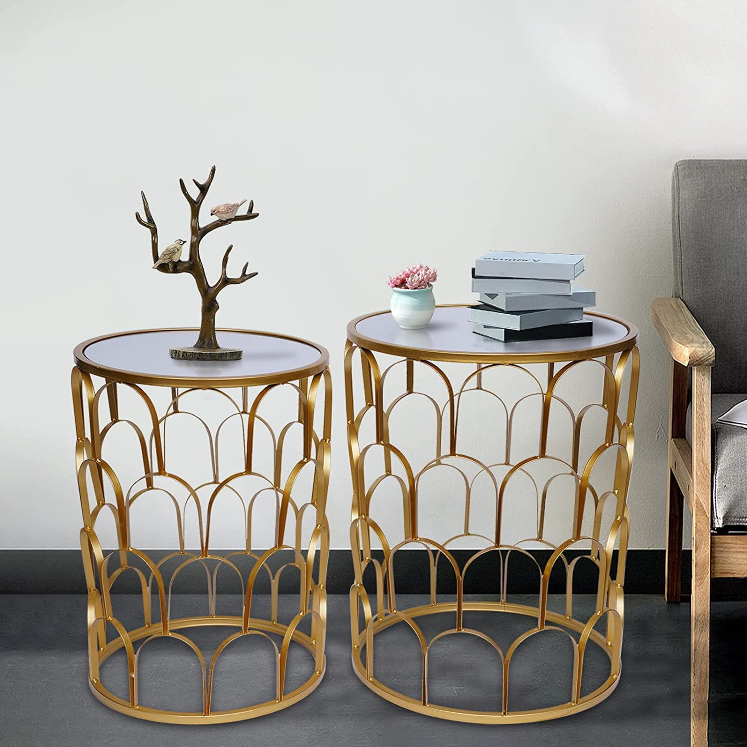 MONIPA Set of 2 Gold Nesting Tables Side Metal Accent Table Round End