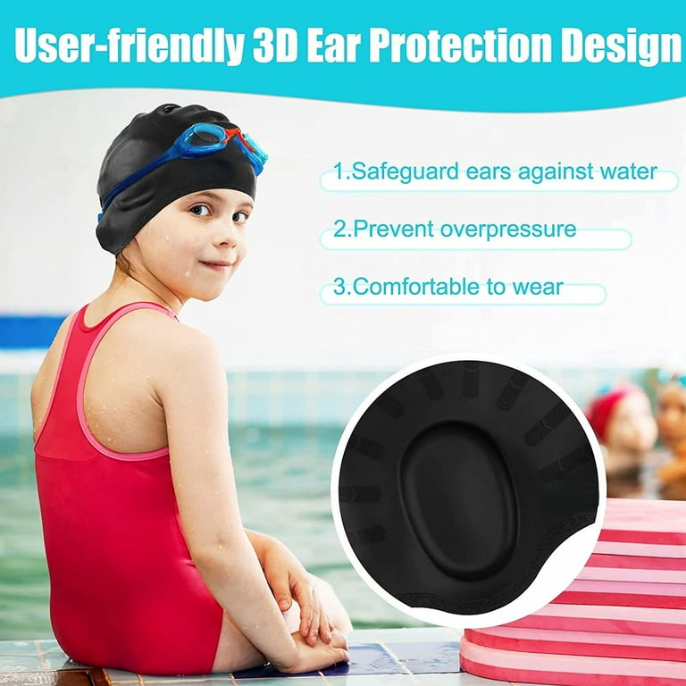 2 Pack Kids Swim Caps for Boys Girls, Durable Silicone Swimming Cap with 3D Ear Pockets for Age 3-15 Toddler Child Youth Teen