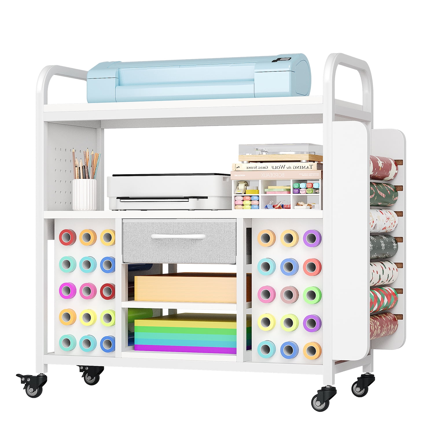 Large Rolling Craft Organization and Storage Cart with Vinyl Roll Holder & Hooks, Mobile Craft Organizer Workstation Compatible for Cricut Machines, Sewing Cricut Stand, Craft Room Storage Cabinet