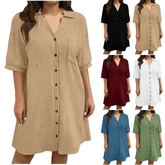 Horkkom Plus Size Dresses for Women Short Sleeve Mini Cotton Shirt Dresses Summer Casual Button Sundresses with Pockets L